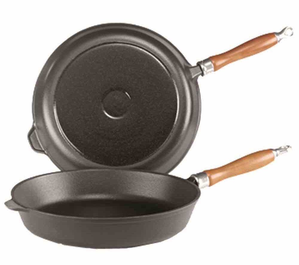 Krüger Pfanne Rustica Gusseisenpfanne mit Holzgriff und Deckel