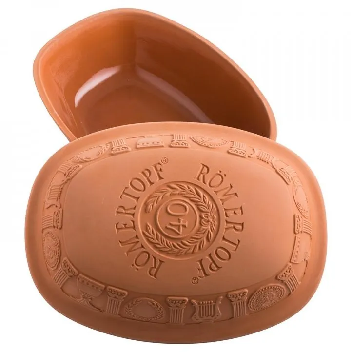 Römertopf Jubiläums-Bräter mittel aus Ton mit Deckel geöffnet
