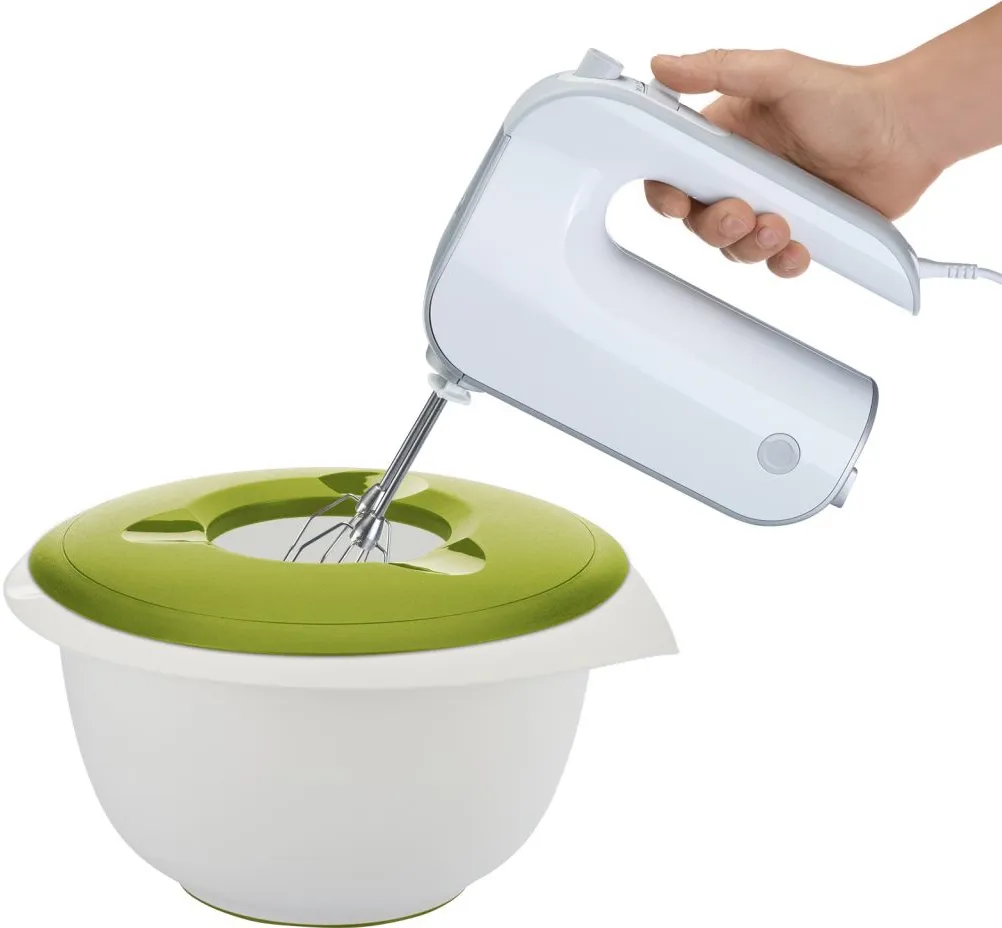 Westmark Rührschüssel apfelgrün mit zweigeteiltem Deckel und Handmixer