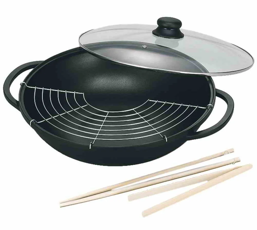Krüger Wok Leipzig Glasdeckel mit Frittiergitter und Essstäbchen